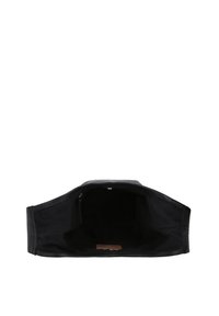 Black fabric bag featuring an open interior with a smooth texture, a subtle tan leather tag, and a zippered pocket on one side.