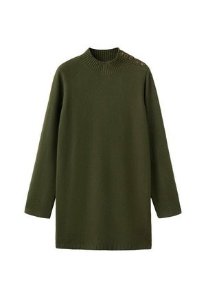 Vestido de punto verde oliva con cuello y puños acanalados, que presenta botones decorativos en un hombro. Mangas largas, corte relajado.