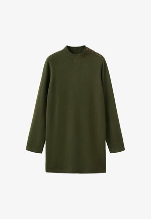 Vestido de punto verde oliva con cuello y puños acanalados, que presenta botones decorativos en un hombro. Mangas largas, corte relajado.