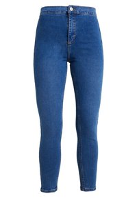 Blue high-waist skinny jeans with front button and zip closure, designed for a slim fit from waist to ankle.