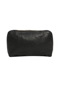 Czarna skórzana saszetka na zamek, o gładkiej fakturze, prostokątnym kształcie i wytłoczonym logo z przodu. Zamek błyskawiczny na górnej krawędzi.