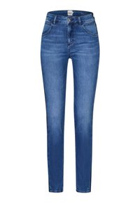 Jeans in denim blu per donna, slim-fit, con chiusura a bottone e zip, tasche anteriori e posteriori e una leggera scoloritura sulle cosce.