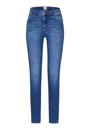 Dames slim-fit spijkerbroek in blauw met knoop- en ritssluiting, voor- en achterzakken, en subtiele vervaging op de dijen.