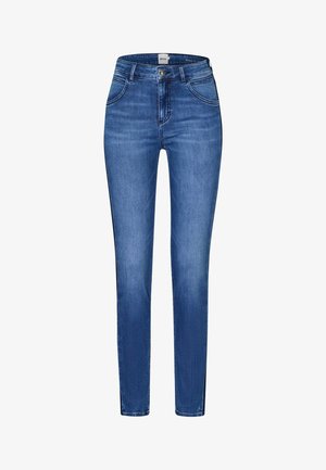 Kvinders blå stramme denim jeans med knap- og lynlås-lukning, for- og baglommer samt subtile falmninger på lårene.