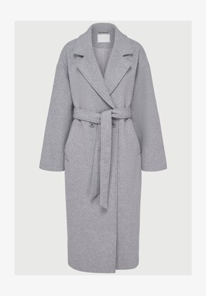 Grau melierter Wollmischmantel mit Schalkragen, langen Ärmeln, Gürtel und Fronttaschen. Verfügt über eine strukturierte Oberfläche und einen doppelten Knopfverschluss.