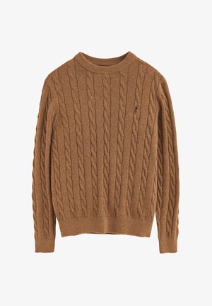 Bruine kabelgebreide trui met ronde hals, textuurontwerp en geribbelde manchetten en zoom. Klein logo op de borst.