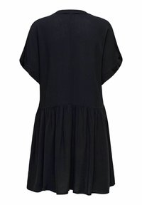 Robe noire à manches courtes, coupe ample, taille froncée et large col, vue de dos sur fond blanc.