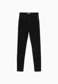 Jeans de mezclilla negra de cintura alta con un ajuste ceñido, diseño de cinco bolsillos, detalles cosidos y una textura suave.