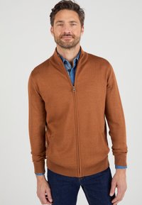 Suéter marrón con cremallera hecho de un suave tejido de punto, con un cuello alto y bolsillos laterales. Llevado sobre una camisa de mezclilla azul.