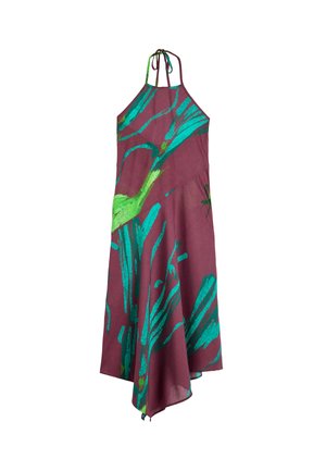 Bordowa sukienka na ramiączkach z turkusowymi i zielonymi wzorami w liście, asymetrycznym dołem i regulowanym wiązaniem przy dekolcie.