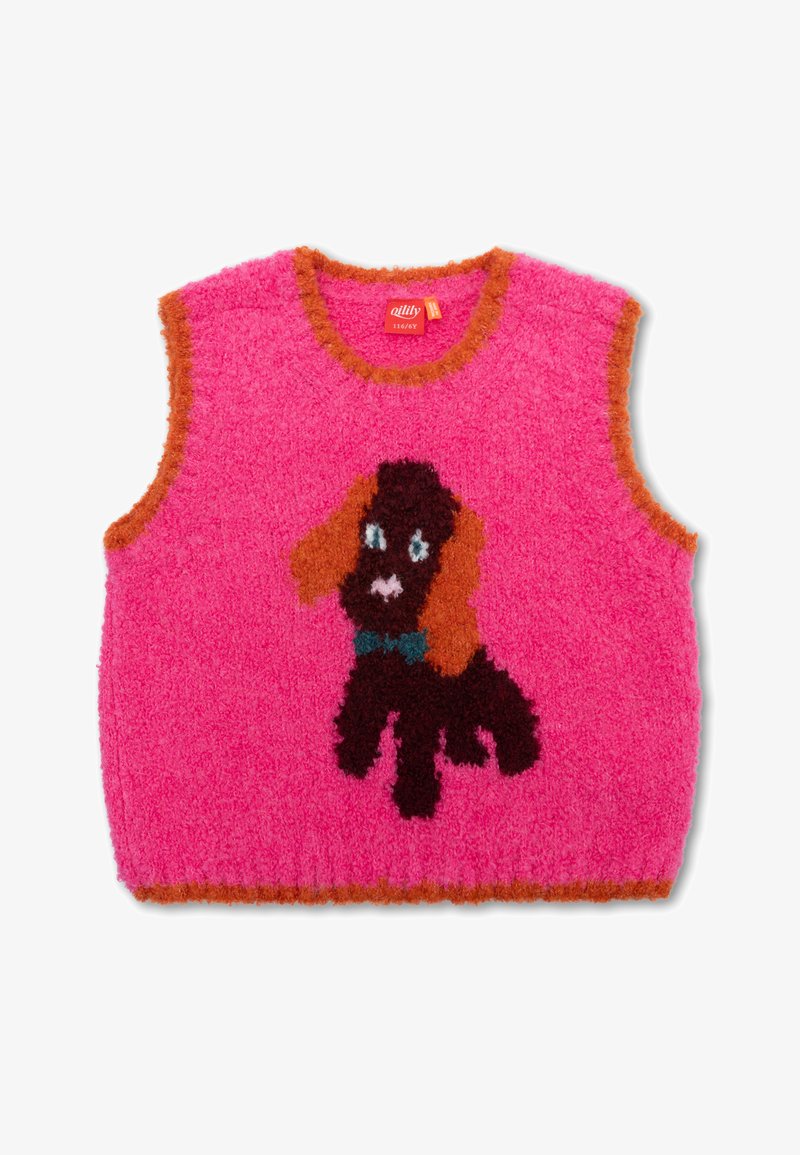 Roze fuzzy vest met een hond ontwerp in bruin en oranje, met een blauwe strik. Het heeft een ronde halslijn en dikke, gewaxt afgewerkte randen.