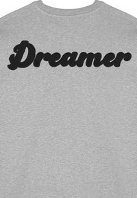 Grijze sweatshirt met een groot, zwart geborduurd "Dreamer"-tekst op de achterkant, met een ronde halslijn en een zachte, gestructureerde stof.