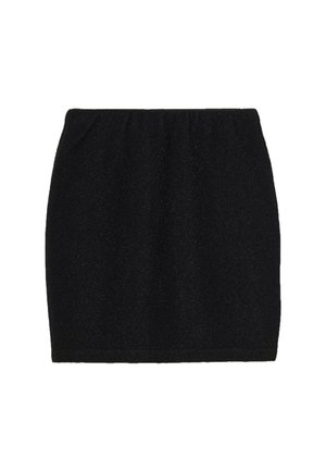 Gonna mini nera realizzata in un tessuto testurizzato e scintillante. Presenta un elastico in vita e un taglio semplice e dritto senza decorazioni.