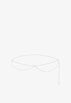 Silver metal chain belt with oval links and small round beads. Features dual strands that drape across the waist, ending in a dangling charm.