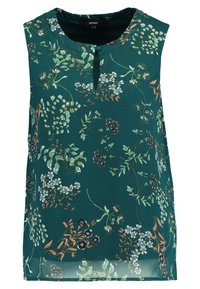 Blouse sans manches bleu sarcelle avec imprimé floral, comprenant des fleurs vertes, blanches et pêche. Encolure à œillet et tissu léger, doux.