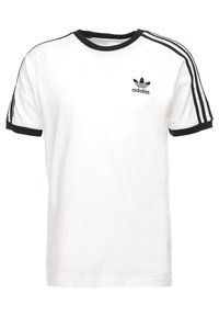 White Adidas T-shirt with black crew neck and sleeve cuffs, featuring black three-stripe details on shoulders and Adidas trefoil logo on chest.