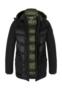 Black padded jacket featuring a green interior, multiple pockets, a zip and snap closure, and an adjustable hood. Smooth outer texture.
