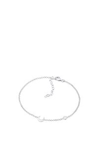 Silberne Halskette mit einem Halbmond-Anhänger und einem kleinen runden Akzent, der ein filigranes Design mit feinen Gliedern aufweist.
