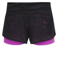 Schwarze und violette Performance-Shorts mit Mesh-Überzug, elastischem Bund und Innenfutter mit glatter Textur für Komfort.