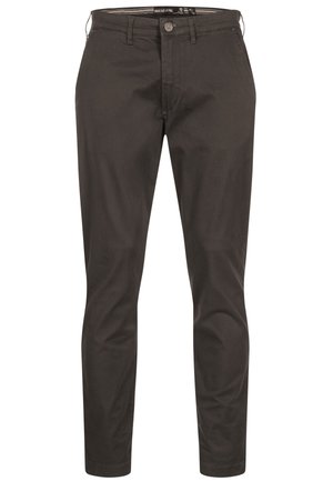 Chinos in cotone grigio scuro, slim fit, con chiusura lampo, bottone e cinque tasche. Tessuto liscio e dettagli minimali.