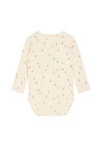 Langärmliger Bodysuit aus cremefarbener Baumwolle, verziert mit kleinen braunen Baum- und Fuchs-Mustern. Mit runder Halslinie und Druckknopfverschlüssen.