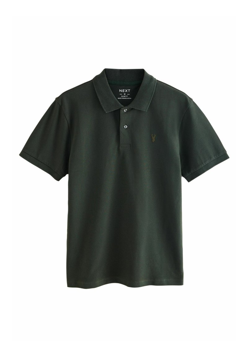 Mörkgrön polotröja med krage; har tre knappar och en liten broderad logotyp på bröstet. Tillverkad av strukturerad tyg. Slim fit-design.