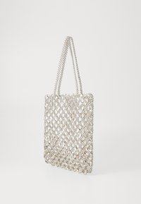 Silver mesh tote bag with a diamond lattice pattern, featuring two beaded straps and a flexible structure. Smooth, shiny texture.