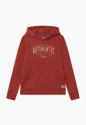 Sweat à capuche couleur rouille avec poche kangourou devant et texte blanc "Jack & Jones Premium Blue Authentic Superior Denim" sur la poitrine.