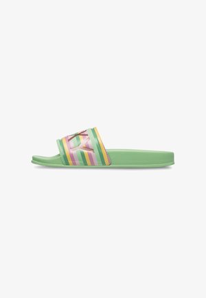 Green slip-on sandal featuring a textured outsole, wide strap with colorful stripes and a large letter K in the center.