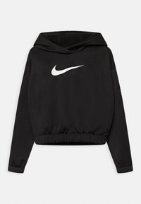 Schwarzes, kurz geschnittenes Sweatshirt mit Kapuze und weißem Nike-Logo auf der Vorderseite. Hergestellt aus glattem Stoff mit elastischen Bündchen und Saum.