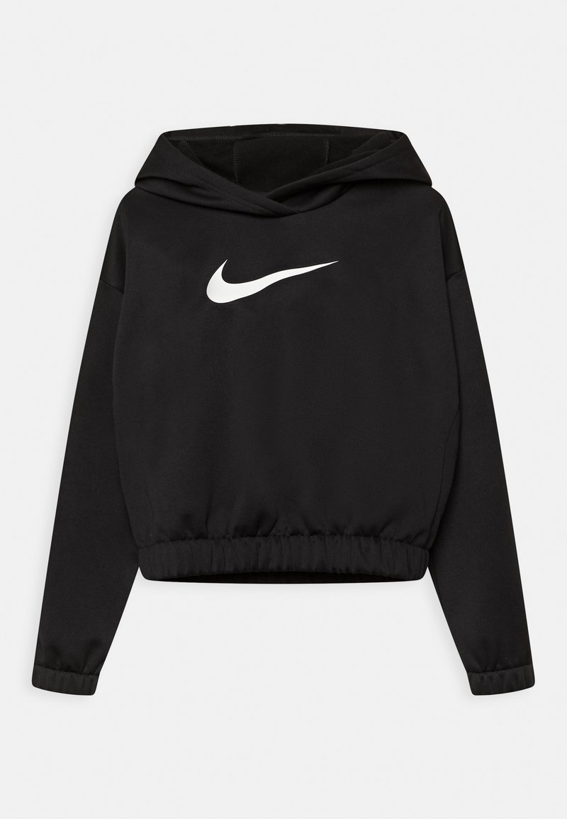 Schwarzes, kurz geschnittenes Sweatshirt mit Kapuze und weißem Nike-Logo auf der Vorderseite. Hergestellt aus glattem Stoff mit elastischen Bündchen und Saum.