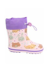 Roze waterdichte regenlaars met paarse bovenkant, versierd met speelse dierenpatronen (beren, katten, konijnen) en stippenaccenten, met een gestructureerde zool.