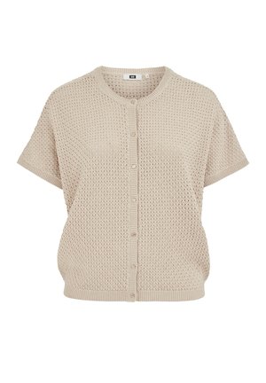 Beige knitted cardigan with a textured pattern. Short sleeves, round neckline, and button-down front. Ribbed hem and cuffs.