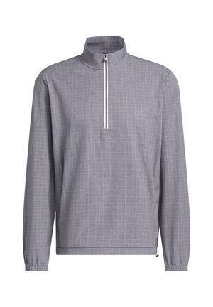 Herregrå langærmet pullover med subtilt ternet mønster, halv lynlås foran, stående krave, elastiske ærmekanter og justerbar kant.