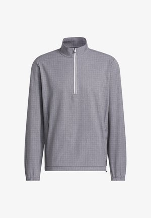 Herregrå langærmet pullover med subtilt ternet mønster, halv lynlås foran, stående krave, elastiske ærmekanter og justerbar kant.