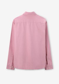 Lange mouwen shirt van lichtroze katoen, met een klassieke kraag, knoopsluitingen bij de manchetten en een afgeronde zoom. Achteraanzicht weergegeven.
