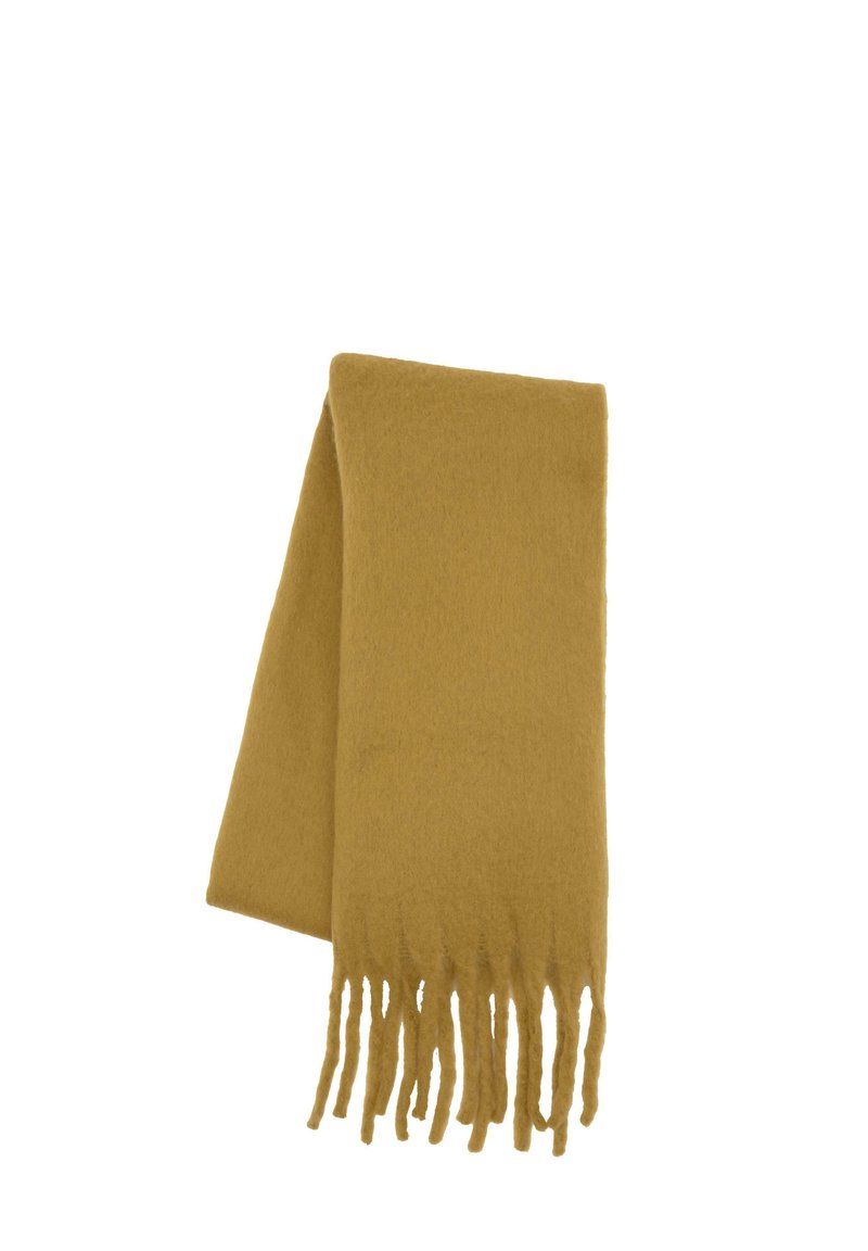 Senapsgul scarf i mjukt, fluffigt material; har fransade ändar och en rektangulär form, perfekt för värme och komfort.