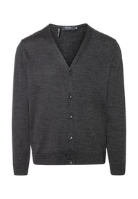 Dunkelgraue Wollstrickjacke mit V-Ausschnitt, vorderen Knöpfen und gerippten Bündchen, mit glatter Textur und klassischem Schnitt.