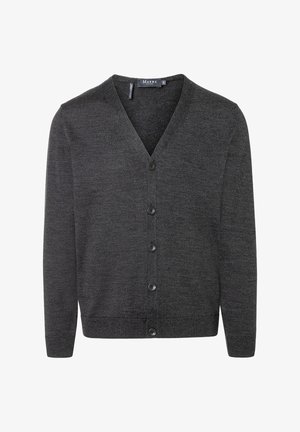 Dunkelgraue Wollstrickjacke mit V-Ausschnitt, vorderen Knöpfen und gerippten Bündchen, mit glatter Textur und klassischem Schnitt.