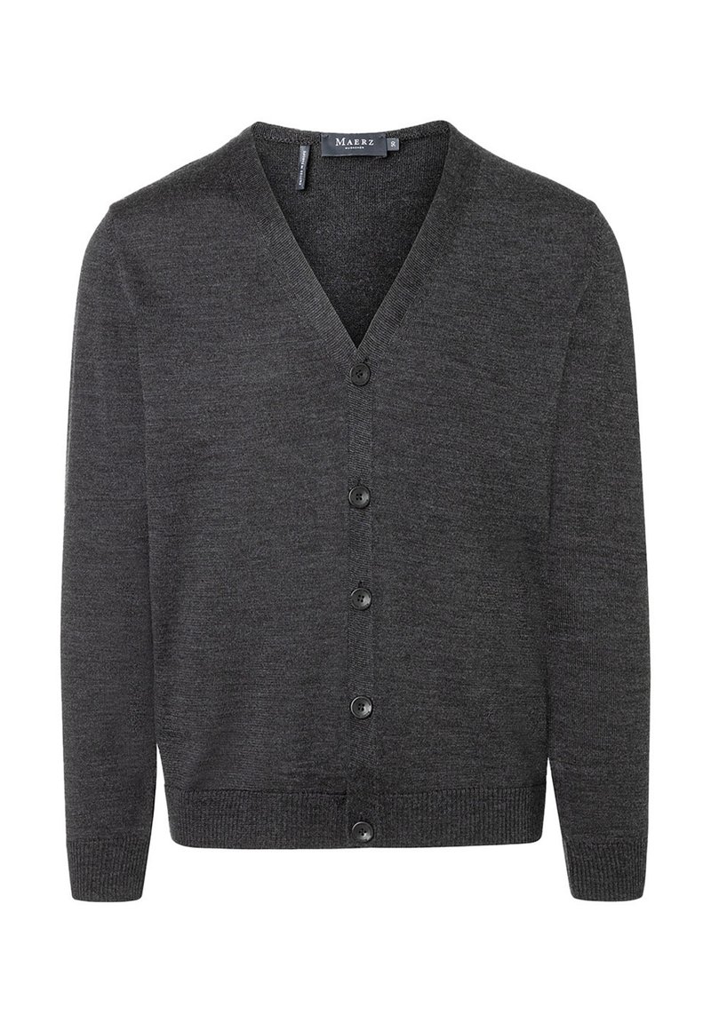 Dunkelgraue Wollstrickjacke mit V-Ausschnitt, vorderen Knöpfen und gerippten Bündchen, mit glatter Textur und klassischem Schnitt.