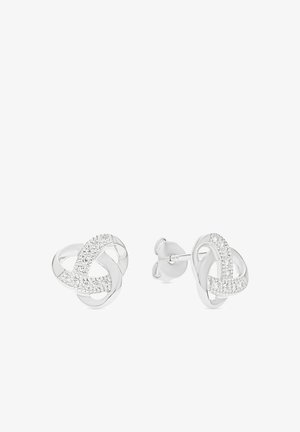 Orecchini a perno in argento a forma di nodo con fasce intrecciate lisce e impreziosite da diamanti, chiusi con farfalline.