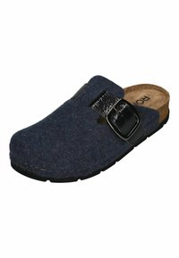 Marine gevoeld klomp met een zwarte glanzende gesp en verstelbare band, kurken inlegzool en getextureerde rubberen buitenzool, ontworpen voor eenvoudig aan- en uittrekken.