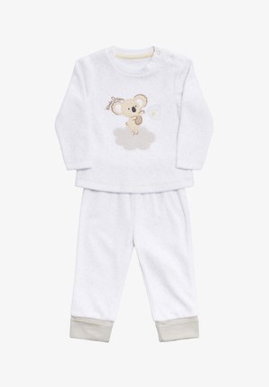 Conjunto de pijama de algodón blanco de dos piezas con mangas largas y pantalones. Presenta un diseño de koala sobre una nube y puños grises en los tobillos.