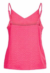 Różowy top na ramiączkach z regulowanymi cienkimi paskami, dekoltem w kształcie litery V oraz teksturowanym geometricznym wzorem, wykonany z lekkiego materiału.