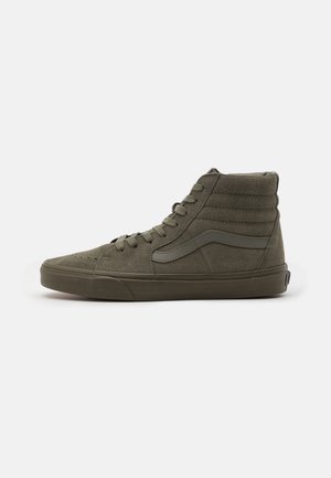 High-Top Sneaker aus olivgrünem Wildleder mit Schnürsenkeln, gepolstertem Knöchelkragen und Gummisohle auf einem schlichten weißen Hintergrund.