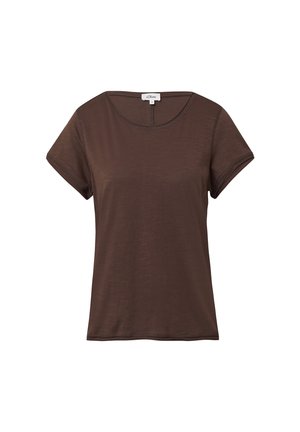 T-shirt marron à manches courtes fabriqué en matériau doux, avec un col rond et des poignets retroussés, doté d'un ourlet droit et de détails de couture minimalistes.