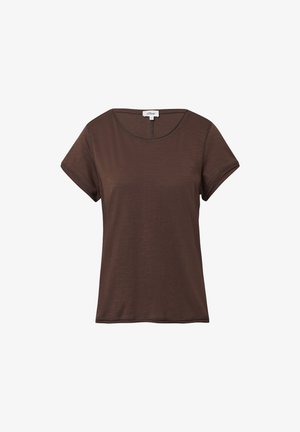 Braunes T-Shirt mit kurzen Ärmeln aus weichem Material, mit rundem Halsausschnitt und umgeschlagenen Ärmelabschlüssen, geradem Saum und minimalen Nähdetails.