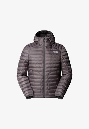 Puffjacke in Dunkelgrau mit Reißverschluss vorne, figurbetonter Silhouette und Kapuze. Sie verfügt über ein gestepptes Muster und elastische Bündchen.