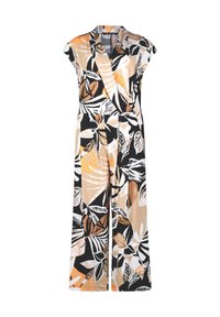 Completo floreale con design avvolgente, maniche corte e gambali larghi. Il tessuto è multicolore con motivi a foglia in nero, arancione, beige e bianco.