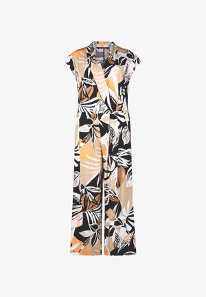 Bloemenoverall met een wikkelontwerp, korte mouwen en wijde benen. De stof is meerkleurig met zwarte, oranje, beige en witte bladdessins.